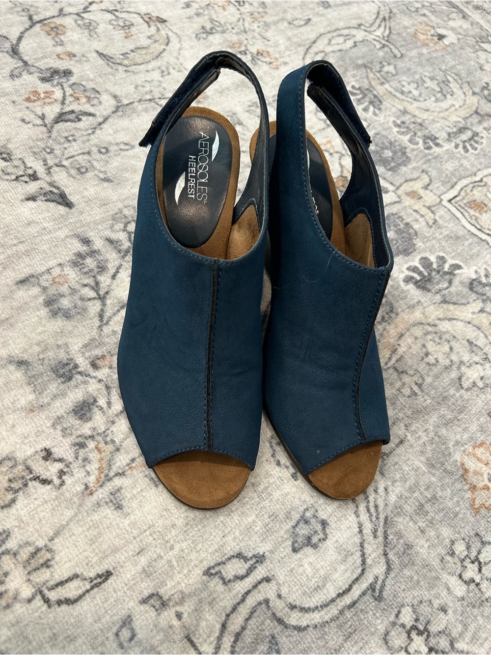 AEROSOLES HEELREST Navy Open-Toe Slingback Wedge Sandals